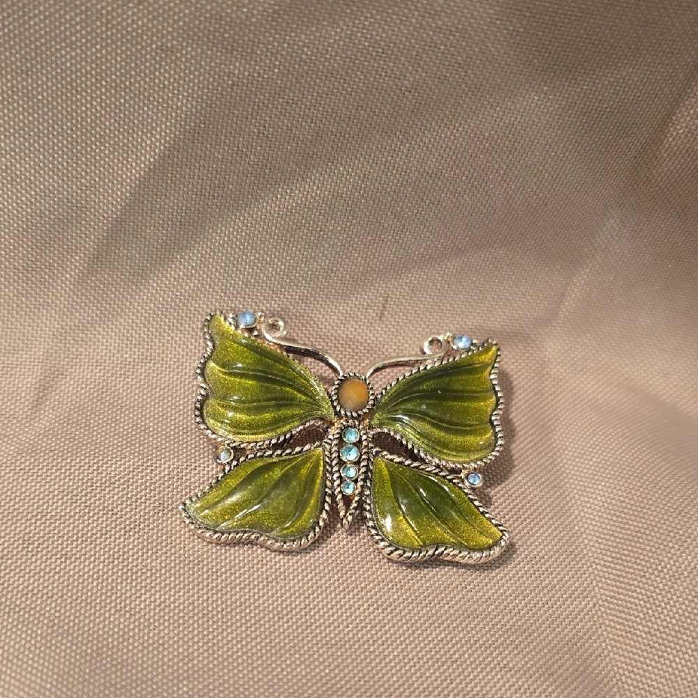 Vintage Green Butterfly Brooch with Silver Accents